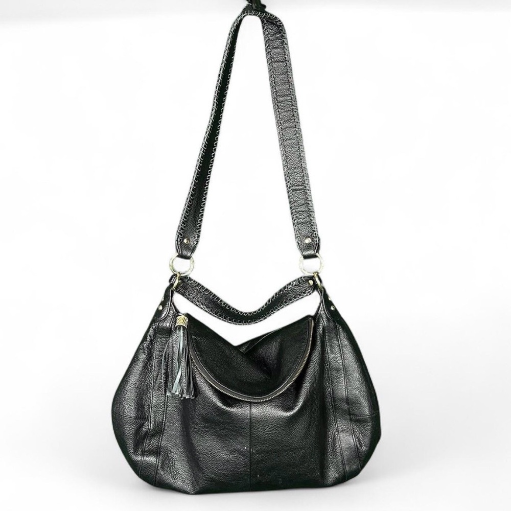 Onna Ehrlich Rachel Black Pebbled Leather Hobo Shoulder Bag Crossbody Tassel